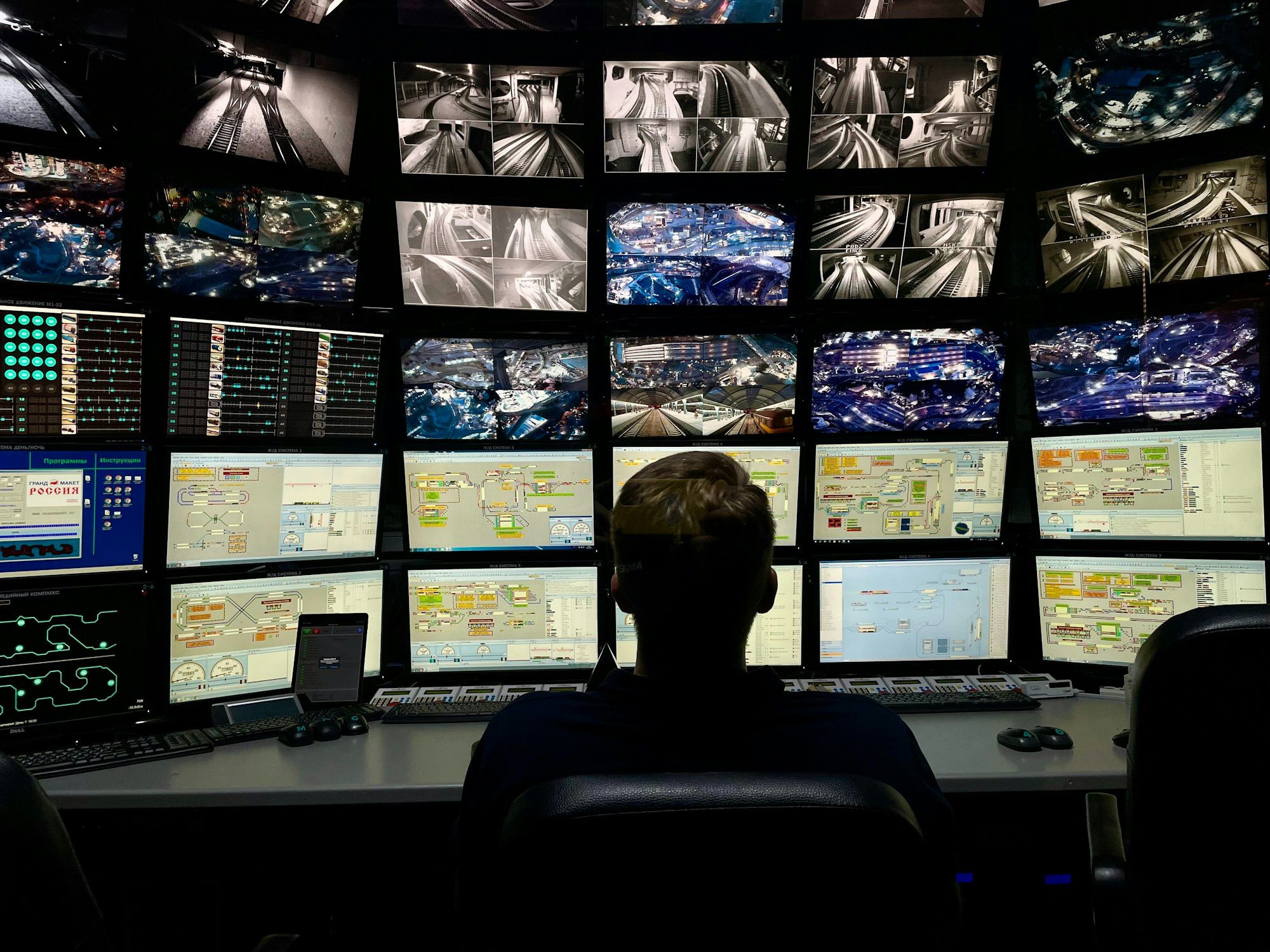 An operator in front of a wall of monitoring screens