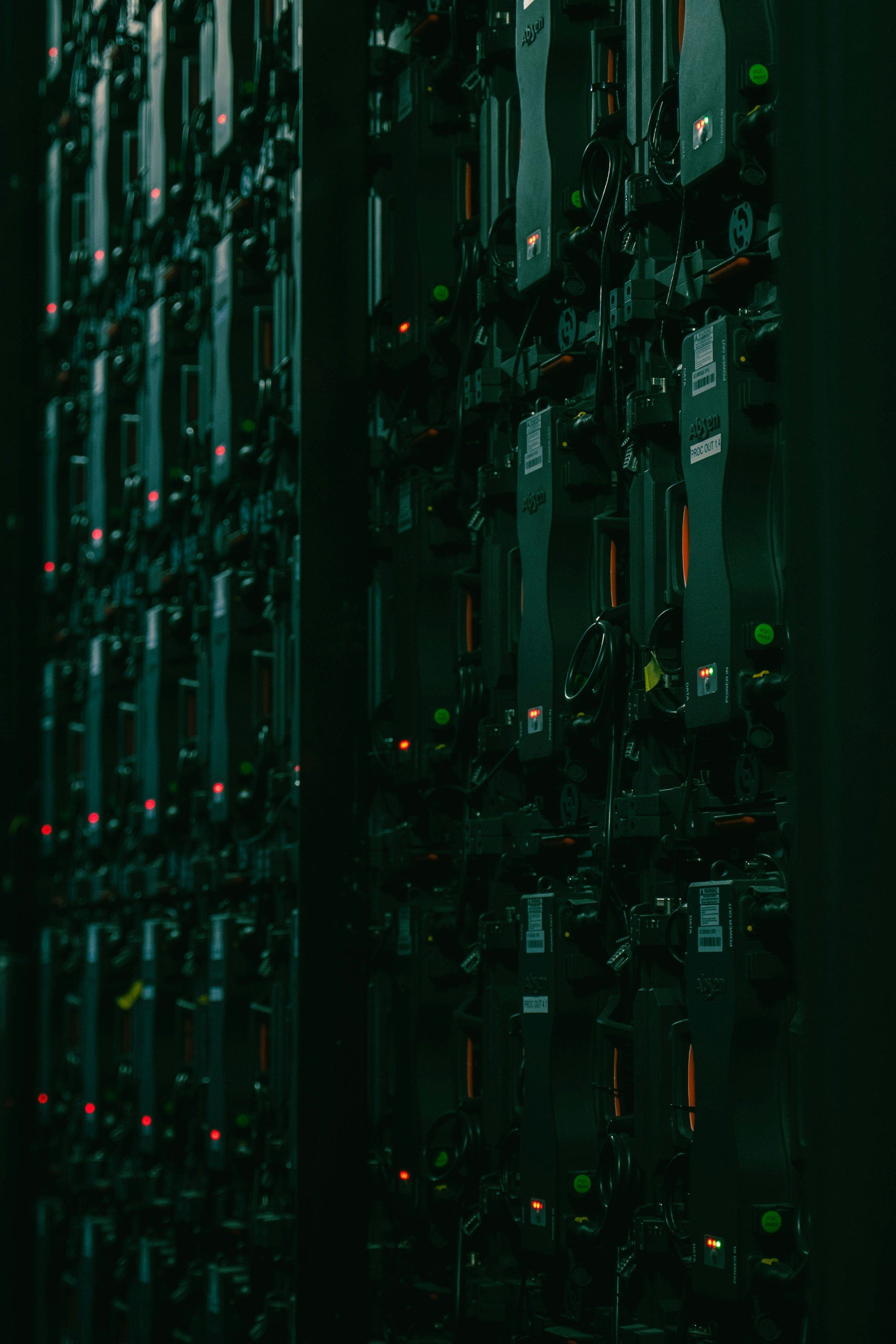 Rows of recording and network equipment with status lights